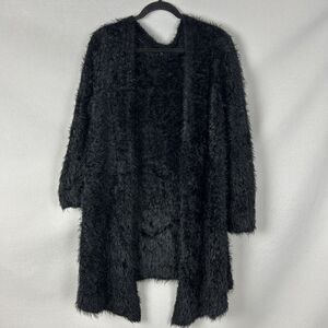 Black Rivet Fuzzy Knit Cardigan Medium Black Open Front Cozy Long Sleeve Sweater